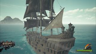 Nos personnages voyagent sur leur grand navire de guerre dans le monde des Pirates des Caraïbes.