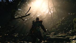 Kratos se tient, de dos, debout sur des rochers, face à une forêt luxuriante qui laisse passer un soleil éblouissant.