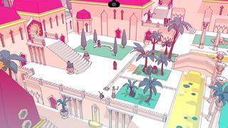 Le personnage se tient dans une sorte de jardin public avec des palmiers, un canal et une architecture saisissante aux toitures roses, non sans rappeler un style indien.