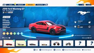 Capture dans le menu Garage du jeu avec un véhicule sélectionné où les statistiques de vitesse, accélération, freinage, maniabilité et nitro sont affichés parmis d'autres infos, et une liste de véhicules en bas de l'écran.