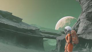Une astronaute vue de profil dans une tenue orange, se tient dans un terrain rocheux et alignée avec son casque, au loin, une planète est visible parmi le ciel jaune-vert.