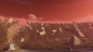 Un cratère sous un ciel rouge avec une planète semi-cachée, où se trouvent des camions futuristes. Un tunnel parfaitement circulaire a été creusé sur le côté du cratère pour que les camions puissent librement se déplacer dans la zone.
