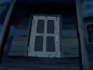 Scooby-Doo et ses amis ouvrent la porte d'une maison et s'enfuient dehors, tandis qu'un nuage de chauve-souris les poursuit.