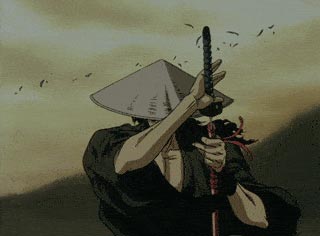 Un animé d‘un samouraï qui range dramatiquement son katana dans son étui avant qu’un groupe d’oiseaux ne volent partout autour de lui.